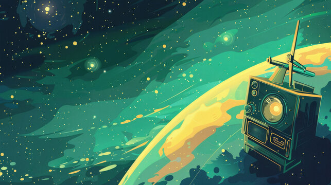 watercolor illustration, vintage postcard, World Radio Day, radio receiver on the space station, star background, copy space, free space for text