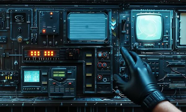 Retro control panel with blinking LEDs in action