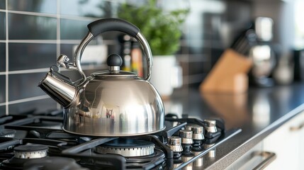 Stainless steel kettle on modern stove kitchen interior culinary photography contemporary home close-up cozy kitchen vibes