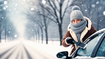 On a winter morning, the driver scrapes snow off the windshield of the car, comfortably prepares for a safe winter trip, a soft background of a sidewalk with a snow-covered street and bare trees