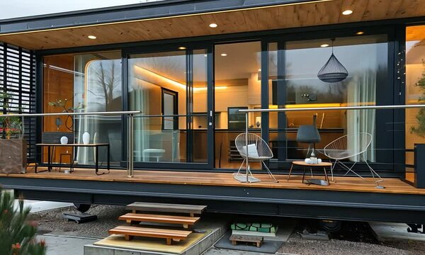 Modern tiny house on wheels with large windows and a deck, offering a minimalist and stylish living space.