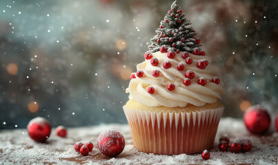 Festive muffin with Christmas tree on abstract background.