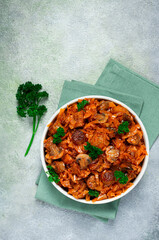 Bigos, bigus is a national Polish dish, made of cabbage and meat, stewed, homemade, no people,