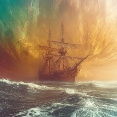 Obraz premium Antique sailing ship in a mystical, colorful storm at sea.