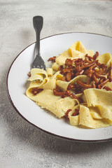 pasta papardelle, in creamy garlic sauce, with mushrooms, traditional Italian cuisine, pasta carbonara, homemade, no people,