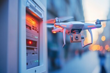 Autonomous Drone Releasing Package into Smart Delivery Locker with Sharp Afternoon Lighting Highlighting Technology and Urban Environment