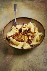 pasta papardelle, in creamy garlic sauce, with mushrooms, traditional Italian cuisine, pasta carbonara, homemade, no people,