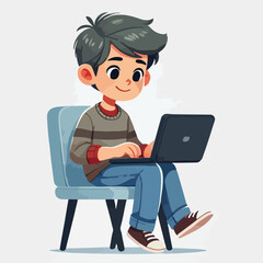 a boy is using his laptop vector