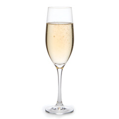 Elegant glass of sparkling wine with bubbles in a bright setting, photography of still life concept.
