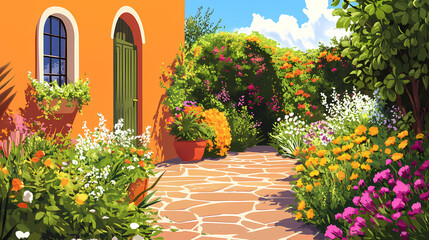 Obraz premium Sunny day in a colorful garden with lush greenery and blooming flowers , flowers, greenery, garden. Lush. Illustration