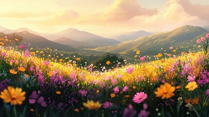Obraz premium Colorful wildflowers blooming in mountain valley during sunset