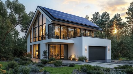 Fototapeta premium Modern eco-friendly home with solar panels surrounded by lush greenery in a tranquil forest setting
