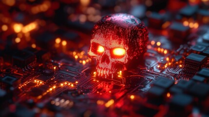 3D rendering of red skull and crossbones icon with circuit board background and glow effect. Generative AI