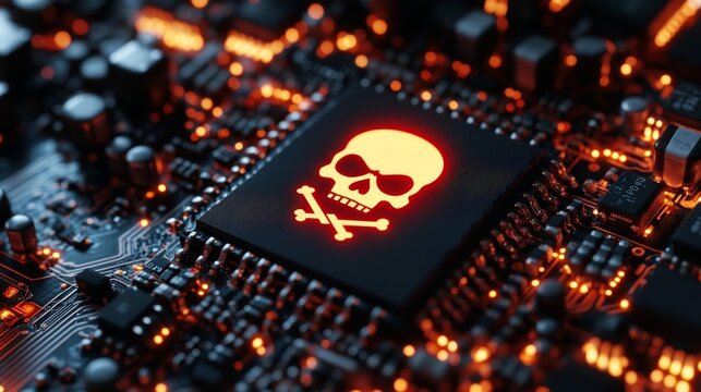 3D Rendering of Computer Circuit Board with Digital Red Skull. Generative AI