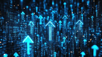 Obraz premium A futuristic display of glowing blue arrows pointing upwards, symbolizing growth and progress.