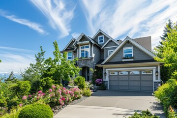 Serene Northwest Home: Grey Exterior and Blue Sky Background
