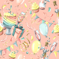 Bright, cheerful, festive, seamless pattern with champagne, cake, gifts, balloons and confetti, flags. Watercolor illustration from the HAPPY BIRTHDAY collection. For packaging paper design