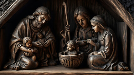 Fototapeta premium Dark bronze nativity scene carving, Holy Family, Jesus, Mary, Joseph, baby Jesus, manger, wood, religious art.