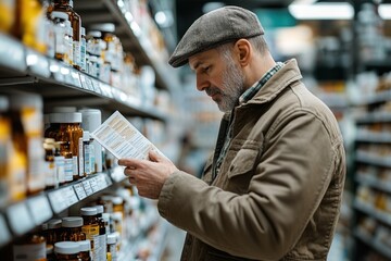 Man reading medicine label in pharmacy aisle