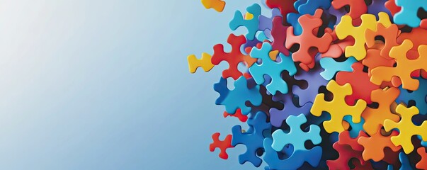 Abstract background with scattered puzzle pieces. World Autism Awareness Day. Second of April. Background, wallpaper, banner