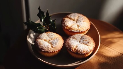 Delicious homemade muffins on a wooden table with festive decor in soft natural light