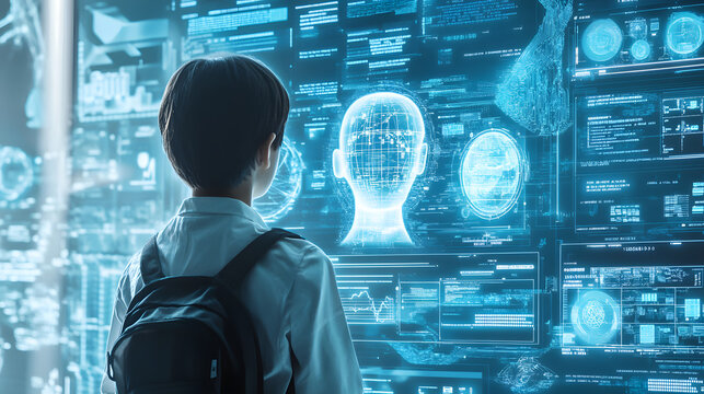 futuristic education app concept in 2025 with personalized AI tutors and interactive content, isolated on a plain white background