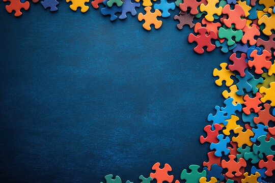 Abstract background with scattered puzzle pieces. World Autism Awareness Day. Second of April. Background, wallpaper, banner