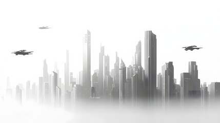 Obraz premium futuristic city skyline in 2025 with eco-friendly skyscrapers and flying vehicles, on a seamless white background
