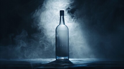 Mysterious and moody image of an elegant liquor or alcoholic spirit bottle partially obscured in a dramatic hazy and atmospheric background with a sense of mystery and intrigue