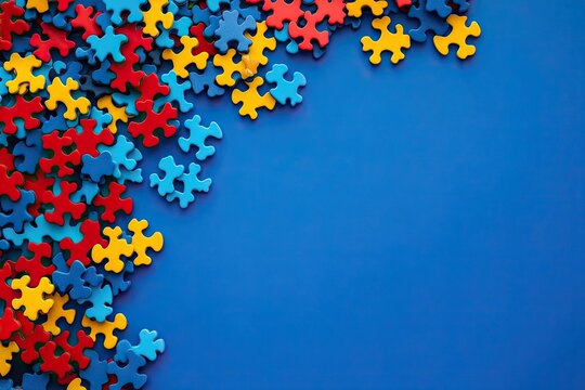 Abstract background with scattered puzzle pieces. World Autism Awareness Day. Second of April. Background, wallpaper, banner