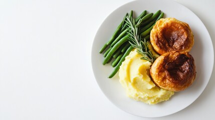 Naklejka premium Delicious plate of mashed potatoes, green beans, and golden Yorkshire puddings garnished with rosemary