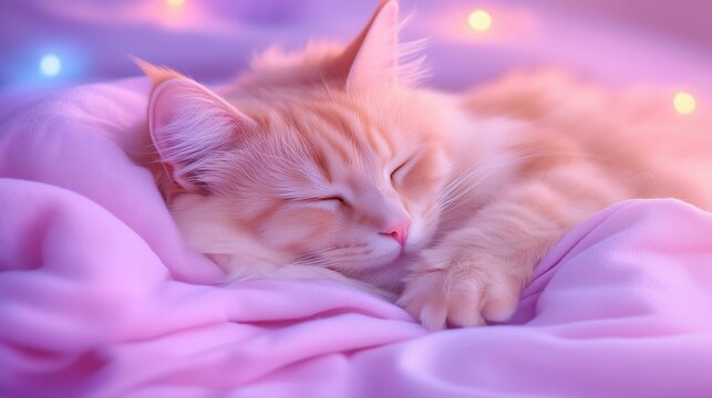 Peaceful orange cat sleeping on soft pink blanket with dreamy lights