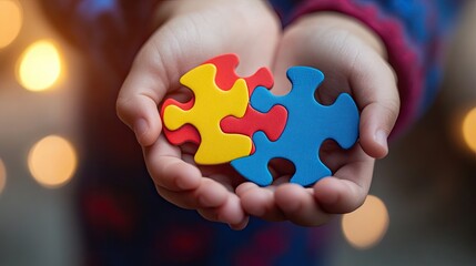 Close-up of a child hand holding a puzzle piece. Symbolic of autism awareness and understanding. World Autism Awareness Day. Second of April. Background, wallpaper, banner