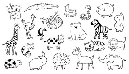 Set of hand drawn doodle cartoon animals. Vector illustration.