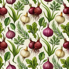 Seamless pattern with onions and herbs. The concept of harvesting and vegan nutrition