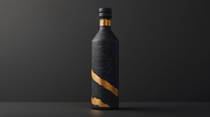Stylish black glass bottle with golden spiral design in a minimalist studio setting creating a modern and elegant product shot for premium liquor or beverage branding