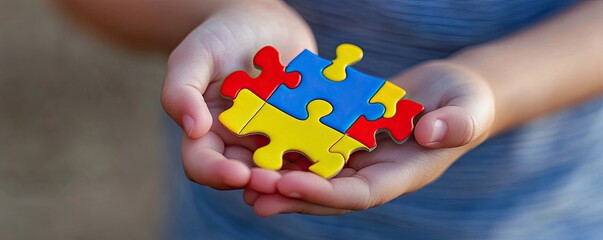 Close-up of a child hand holding a puzzle piece. Symbolic of autism awareness and understanding. World Autism Awareness Day. Second of April. Background, wallpaper, banner