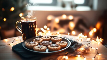 Festive cookies and warm drink on a cozy table adorned with twinkling lights during winter evenings