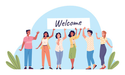 Employee team welcome. Business company or students team welcoming new member employees with hello banner overhead, job hiring concept people hugging staff group vector illustration