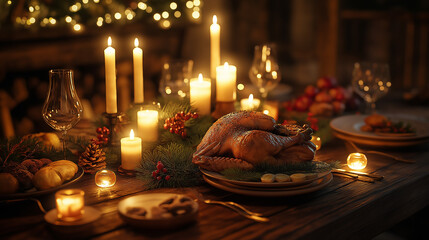 Christmas dinner table set with candles and a roasted turkey