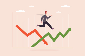 Investment volatility. Volatile stock market concept, businessman investor jumping to up down arrow financial crisis falling price growth economics risk trading vector illustration