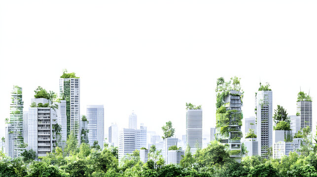 concept of green urban planning in 2025 with vertical gardens, rooftop farms, and sustainable architecture, on a pure white background