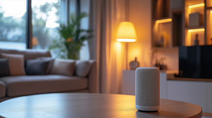 Smart speakers on the wooden table in the modern room