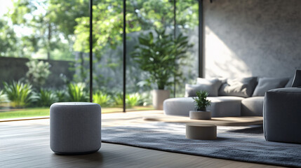 Smart speakers on the floor in the modern minimalist living room with sofa and green garden