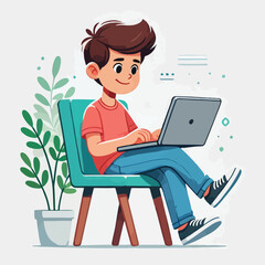 a boy is using his laptop vector