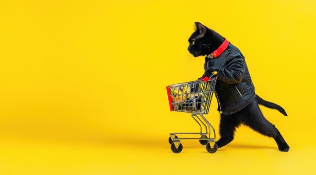 Un chat noir avec un blouson en cuir et collier rouge poussant un caddie de courses sur fond jaune, image avec espace pour texte.