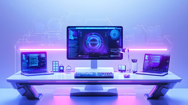 2025 vision of a digital nomad workspace with advanced laptops, holographic screens, and ergonomic setups, isolated on a seamless white background