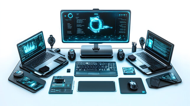 2025 vision of a digital nomad workspace with advanced laptops, holographic screens, and ergonomic setups, isolated on a seamless white background