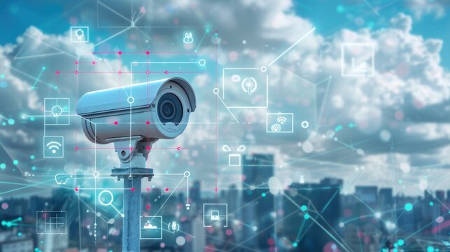 A video surveillance camera representing AI surveillance technologies. The concept of connecting to a high-tech fiber-optic security network. Traffic and city safety