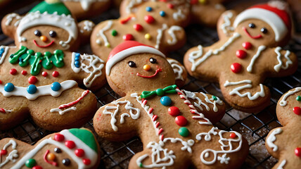 Delicious homemade gingerbread men cookies decorated with colorful icing and candies, cooling on a wire rack.